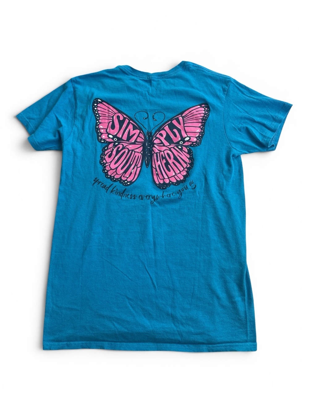 Simply Southern Teal Blue Tee with Pink Butterfly Back Graphic size S